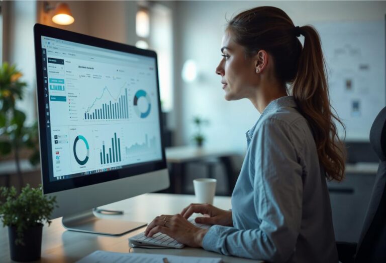 Professional reviewing AI-assisted marketing content on a desktop screen